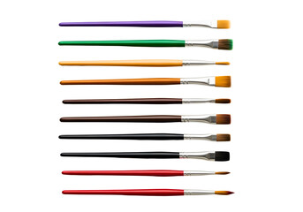 Collection of artist paint brushes with colored handles isolated on transparent background