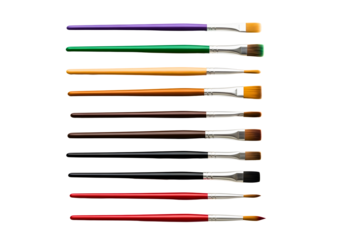 Collection of artist paint brushes with colored handles isolated on transparent background