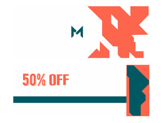 A modern vector gift voucher or coupon template featuring "50% OFF" text and abstract shapes in orange and teal colors.