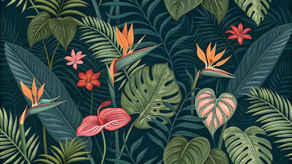 Tropical leaves and flowers pattern 3d wallpaper home decoration custom 3d photo wallpaper panaflex design for wall hd background