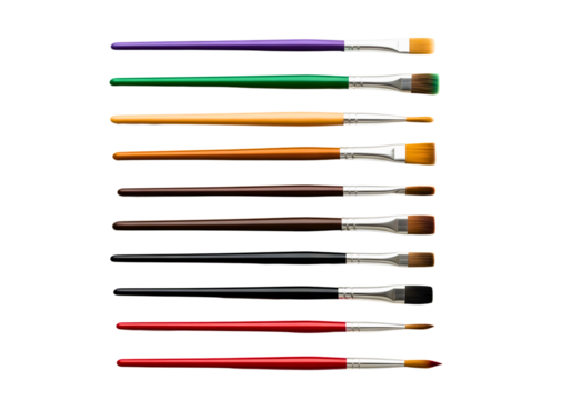 Collection of artist paint brushes with colored handles isolated on transparent background