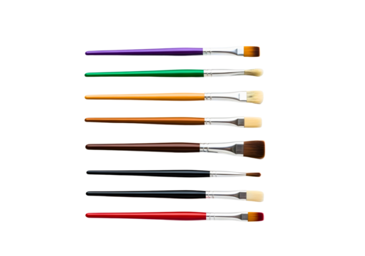 Collection of artist paint brushes with colored handles isolated on transparent background