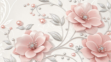 Elegant pink flowers with silver leaves and pearls 3d wallpaper home decoration custom 3d photo wallpaper panaflex design for wall hd background