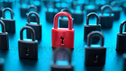A vibrant image showcasing a unique red padlock among a sea of black padlocks, symbolizing security and individuality.