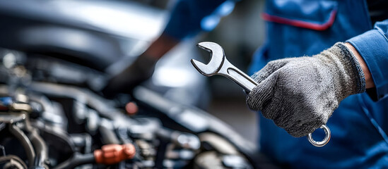 A mechanic holding a wrench while inspecting a car engine in a workshop, showcasing expertise in automotive repair.