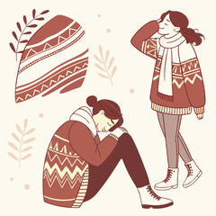 Cozy Autumn illustration: a illustration depicts two women in a sweater with warm, and soft feeling. 
