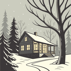 Winter cabin scene: A cozy cabin nestled in a snowy winter wonderland, inviting warmth and tranquility amidst the frosty landscape. The gentle snowfall and bare trees add to the serene atmosphere.