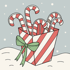 Festive Box of Candy Canes: A delightful collection of candy canes nestled within a striped box, adorned with a delicate bow, evokes the warmth and sweetness of winter holidays.