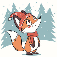 Whimsical Winter Fox: A charming fox, bundled up in a cozy winter hat and scarf, gazes upward with wide-eyed wonder amidst a snowy forest setting.
