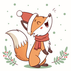Festive Fox Merriment: An illustration of a cheerful fox, adorned in a festive hat and scarf, stands animated amidst falling snowflakes and holiday decor. It's a whimsical expression of seasonal joy.