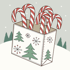 Festive Candy Canes: A delightful collection of candy canes nestles in a decorative gift bag, with a winter wonderland, creating a scene of holiday cheer.