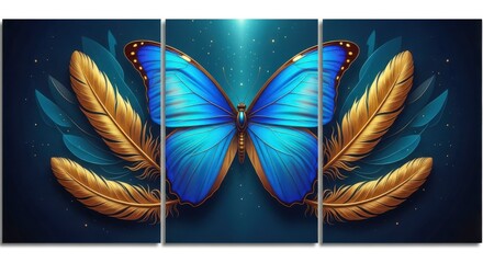 Vibrant blue butterfly with golden feathers on a dark teal background, creating a magical and enchanting composition