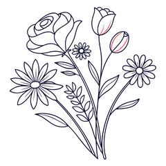 Floral Composition Outline: a delicate illustration with beautiful rose and tulip flowers is displayed, offering a sense of beauty and simplicity. The hand-drawn outline invites creativity.