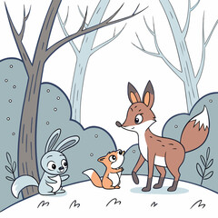 Winter Wonderland Gathering: A heartwarming illustration of a forest setting, featuring a friendly fox, a cute rabbit, and a curious squirrel.