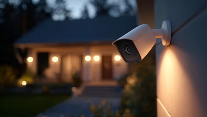 A night view of a security camera monitoring a house, enhancing home safety and surveillance.