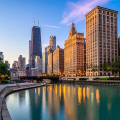 Obraz premium City skyline view, river, buildings, calm water, and blue sky
