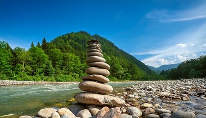 A Pyramid Of Stones Against The Backdrop Of A Mountain River And Green Forest The Theme Of Equilibrium And Balance