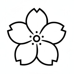 A minimalist black and white vector outline illustration of a five-petaled cherry blossom flower with stamens. 