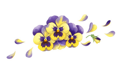 Vibrant Watercolor Illustration of Pansies in Full Bloom with Floating Petals, Isolated on White