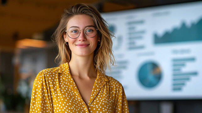 Confident young woman in glasses smiling in a modern office setting with charts and graphs in the background. - Powered by Adobe