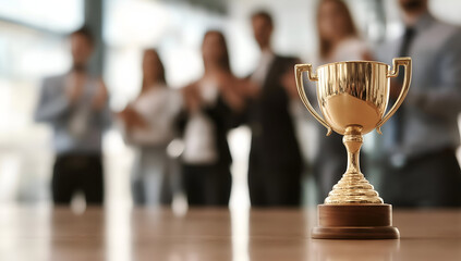 A close-up of a trophy symbolizing success, with applauding colleagues in the background celebrating an achievement.
