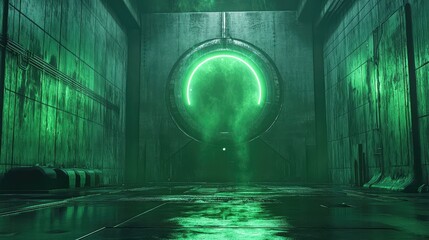 Futuristic industrial portal glowing with green neon light