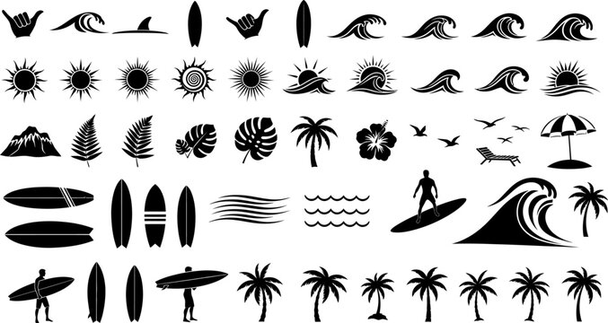 Collection of black silhouette icons and graphics related to surfing and tropical beach lifestyle