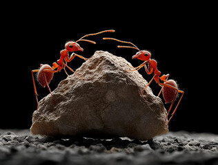 Two red ants pushing a rock, showcasing teamwork in nature. Macro photography highlights their determination and strength.