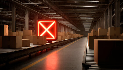 An illuminated warning sign in a warehouse among stacked boxes, highlighting safety in logistics operations.