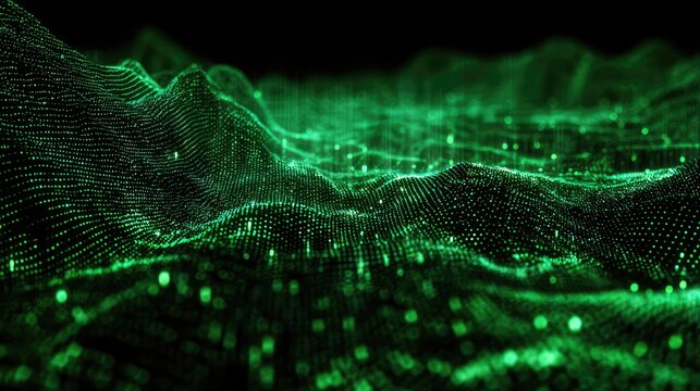Abstract green digital landscape with flowing data points