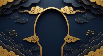 A captivating orientalthemed backdrop featuring a golden archway adorned with delicate clouds against a deep blue background