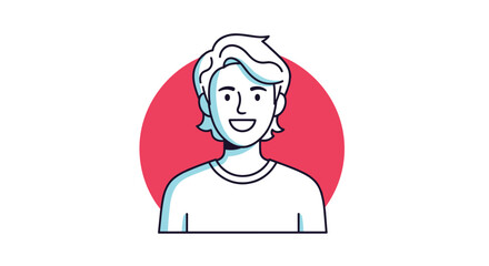 A simple illustration of a happy young person with stylized hair against a red circle background.