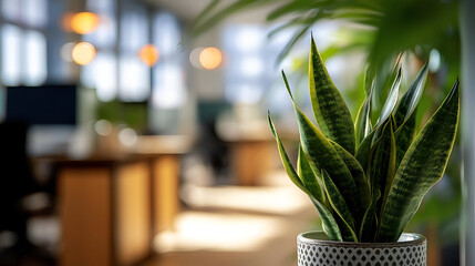 A vibrant indoor plant enhancing a modern office with soft lighting and stylish decor.