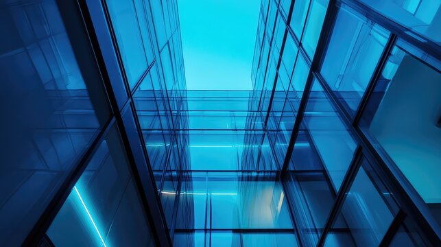 Modern glass architecture reflecting blue sky and neon light