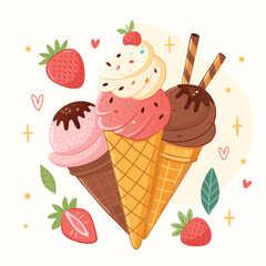 Hand drawn vector illustration of cute ice cream cones, with text Sweet love. Isolated objects on white background. Soft Ice Cream Design concept dessert, kids, greeting card, motivational poster.	
