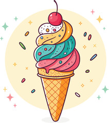Hand drawn vector illustration of cute ice cream cones, with text Sweet love. Isolated objects on white background. Soft Ice Cream Design concept dessert, kids, greeting card, motivational poster.	
