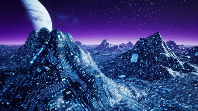 A futuristic landscape with mountains covered in intricate technological patterns under a purple sky.