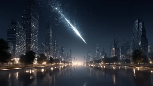 Dramatic bright meteor streaks across a futuristic city skyline at night, with towering skyscrapers reflecting in the dark river below.