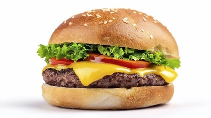 A classic cheeseburger with a sesame seed bun a grilled beef patty melted yellow cheese fresh lettuce and tomato slices set against a plain white background - Powered by Adobe