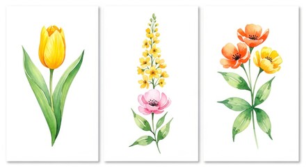 Watercolor painting of a yellow tulip, yellow snapdragon, pink poppy, orange poppy, and yellow buttercup isolated on white background