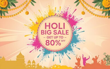 Holi big sale promotional banner get up to 80% off colorful holi festival paint splashes marigold garlands festive silhouettes indian celebration shopping promotion social media printable design