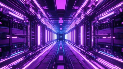 Futuristic purple neon tunnel with glowing lights and reflections