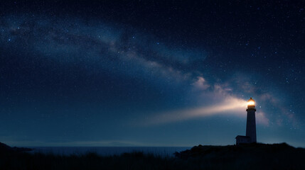 天の川の空の下、光を放つ灯台の幻想的な風景