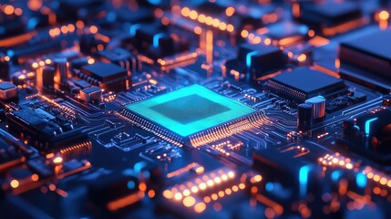 Central processing unit working on illuminated circuit board