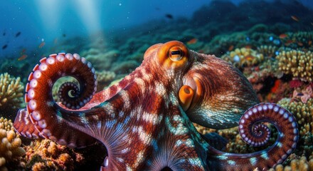 A Detailed Close-Up Shot of an Octopus Amidst the Ocean's Splendor and Beautiful Coral Reef Environment