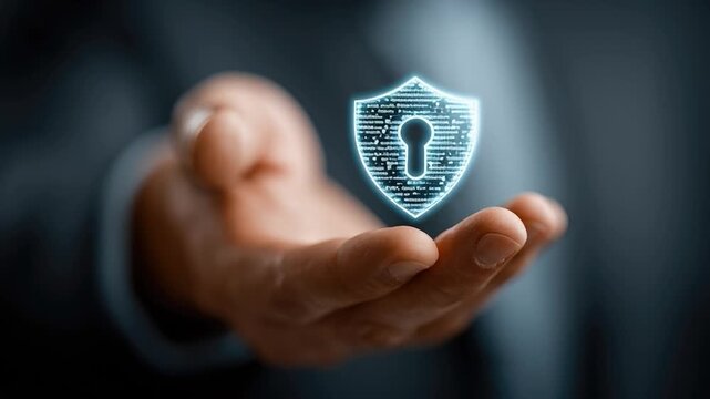 Digital Shield: A protective digital shield, illuminated with a keyhole design, rests gently in the palm of a hand, symbolizing secure data protection and cyber safety.