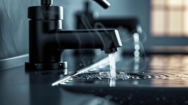 Contemporary Faucet in Bathroom: A sleek, modern faucet streams a continuous flow of water into a basin. The image captures the elegance of design and functionality. 