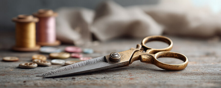 Vintage sewing tools evoke craft and creation. Buttons, spools, and scissors on rustic wood suggest artistry, nostalgia, and handmade quality. Textile background.