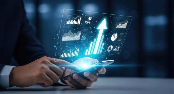 Businessman uses smartphone to analyze KPI dashboard with upward arrow showcasing business growth data and statistics in modern technology