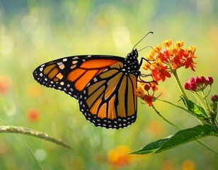 Obraz premium Close-up of a Monarch butterfly with striking orange and black wings, perched delicately on vibrant orange blossoms in a sunny meadow